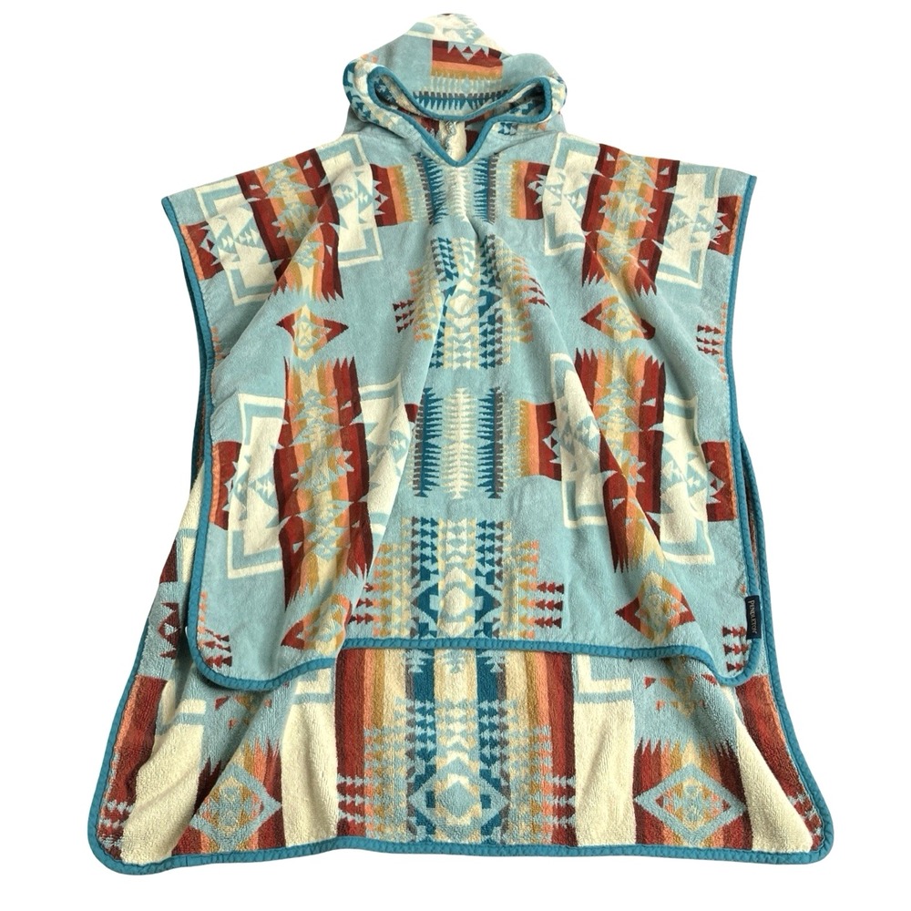 Pendleton Chief Joseph Hooded Towel Poncho Kids Tween Aqua Southwestern Cotton